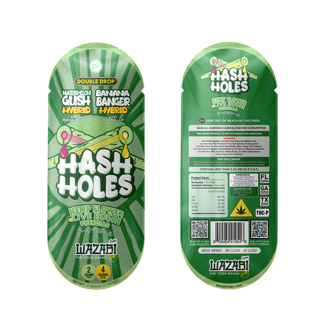 WAZABI EXOTICS 2G HASH HOLE DOUBLE DROP THC-P LIVE ROSIN JELLY PREROLLS 2CT 10/PK