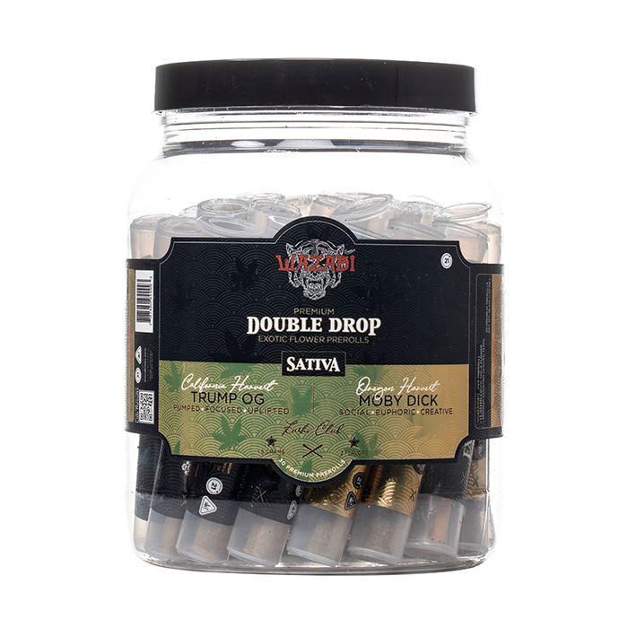 WAZABI EXOTICS DOUBLE DROP CALIFORNIA VS OREGON 1.5 GRAM PREROLLS 30/PK (2 IN 1 JAR)